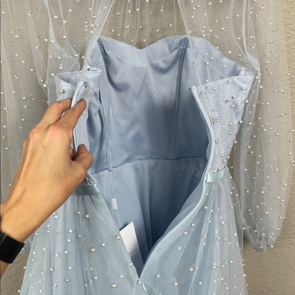 New Mac Duggal Sample Fit Flare Mini Corset Dress Light Blue Pearl Accent Sz 2 - Picture 7 of 14